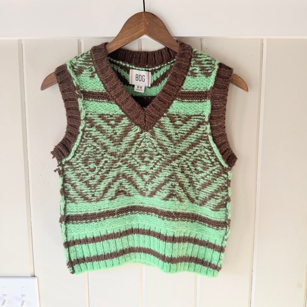 BDG Urban Outfitters Green & Brown Knit Sweater Vest, Size Medium